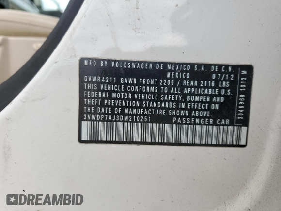2013 Volkswagen Jetta SE with VIN 3VWDP7AJ3DM210251, listed as a Copart auction lot 52832265 with 151,190 mi miles and Clean title. Bid and sale history available at DreamBid. Image 12.