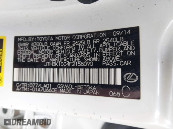 2015 Lexus ES 330 with VIN JTHBK1GG4F2158090, listed as a IAAI auction lot 42176333 with 150,972 mi miles and . Bid and sale history available at DreamBid. Image 9.