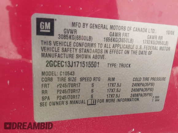2007 Chevrolet Silverado 1500 Work Truck with VIN 2GCEC13J171515501, listed as a IAAI auction lot 42057258 with 194,171 mi miles and . Bid and sale history available at DreamBid. Image 9.