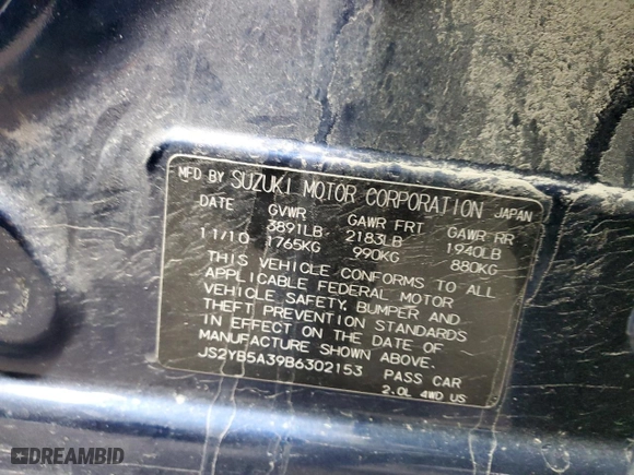 2011 Suzuki SX4 Crossover with VIN JS2YB5A39B6302153, listed as a Copart auction lot 53183175 with 0 mi miles and Salvage Title. Bid and sale history available at carsss.com. Image 14.