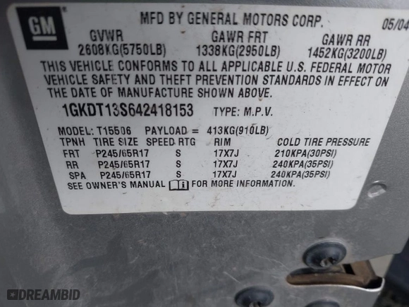2004 GMC Envoy SLE with VIN 1GKDT13S642418153, listed as a IAAI auction lot 41660072 with 300,757 mi miles. Bid and sale history available at carsss.com. Image 9.