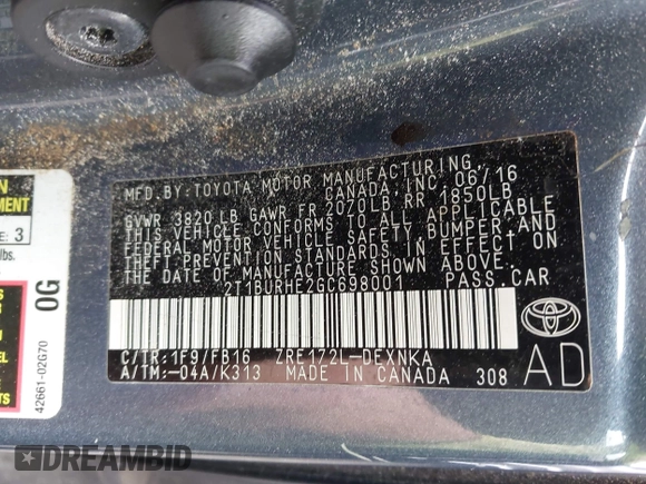 2016 Toyota Corolla L z VIN 2T1BURHE2GC698001, wystawiony jako IAAI lot #42378300 z przebiegiem 182 810 mil mil oraz . Historia ofert i sprzedaży dostępna na DreamBid. Obrazek 9.