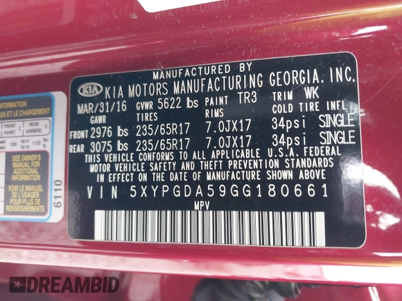 2016 Kia Sorento LX with VIN 5XYPGDA59GG180661, listed as a IAAI auction lot 42068449 with 158,463 mi miles. Bid and sale history available at carsss.com. Image 9.