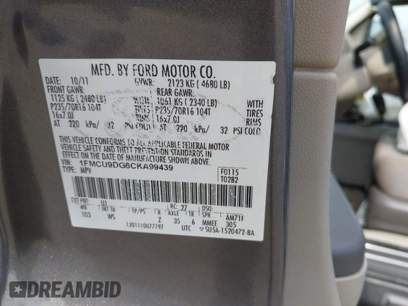 2012 Ford Escape XLT with VIN 1FMCU9DG6CKA99439, listed as a IAAI auction lot 42497707 with 186,306 mi miles and . Bid and sale history available at DreamBid. Image 9.