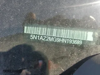 2017 Nissan Murano Platinum with VIN 5N1AZ2MG9HN193689, listed as a Copart auction lot 52199745 with 118,160 mi miles and Salvage Title. Bid and sale history available at carsss.com. Image 13.