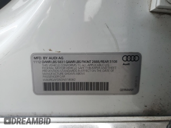 2013 Audi A8 3.0L z VIN WAURGAFD5DN018082, wystawiony jako Copart lot #60092825 z przebiegiem 69 345 mil mil oraz Szkoda całkowita • Salvage title. Historia ofert i sprzedaży dostępna na DreamBid. Obrazek 12.