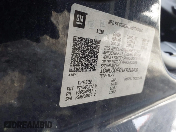 2019 Chevrolet Tahoe Commercial z VIN 1GNLCDEC1KR218436, wystawiony jako IAAI lot #42286365 z przebiegiem 119 981 mil mil oraz . Historia ofert i sprzedaży dostępna na DreamBid. Obrazek 9.