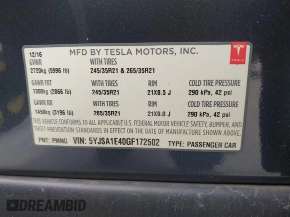 2016 Tesla Model S 90D с VIN 5YJSA1E40GF172502, выставлен на аукционе IAAI как лот 41841406 с пробегом 83 660 миль миль и . История ставок и продаж доступна на DreamBid. Изображение 9.