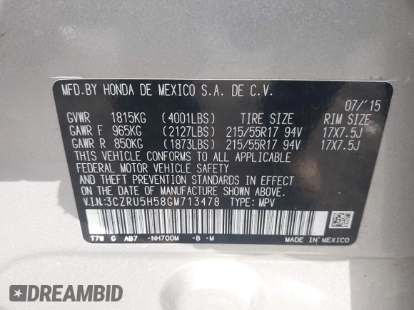 2016 Honda HR-V EX with VIN 3CZRU5H58GM713478, listed as a IAAI auction lot 41519763 with 146,475 mi miles. Bid and sale history available at carsss.com. Image 9.