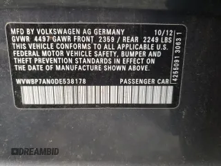 2013 Volkswagen CC Sport Plus z VIN WVWBP7AN0DE538178, wystawiony jako Copart lot #52394635 z przebiegiem 216 031 mil mil oraz Szkody całkowita. Historia ofert i sprzedaży dostępna na DreamBid. Obrazek 14.