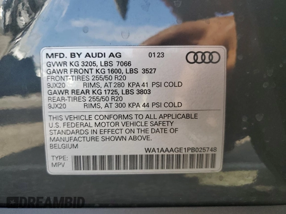 2023 Audi e-tron Premium with VIN WA1AAAGE1PB025748, listed as a Copart auction lot 70300304 with 3,798 mi miles and Salvage Title. Bid and sale history available at carsss.com. Image 14.