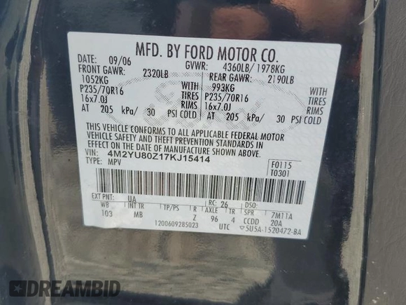 2007 Mercury Mariner Convenience z VIN 4M2YU80Z17KJ15414, wystawiony jako Copart lot #57556855 z przebiegiem 191 412 mil mil oraz Szkody całkowita. Historia ofert i sprzedaży dostępna na DreamBid. Obrazek 13.