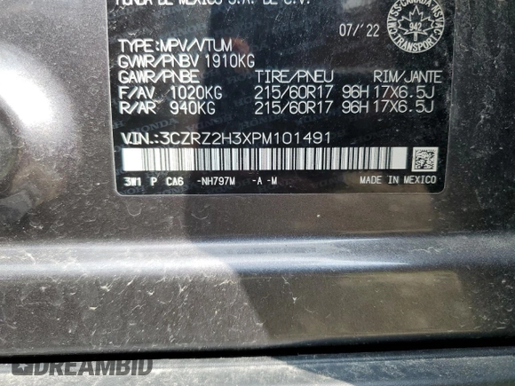 2023 Honda HR-V LX with VIN 3CZRZ2H3XPM101491, listed as a Copart auction lot 58654185 with Not provided miles and Salvage title. Bid and sale history available at DreamBid. Image 14.