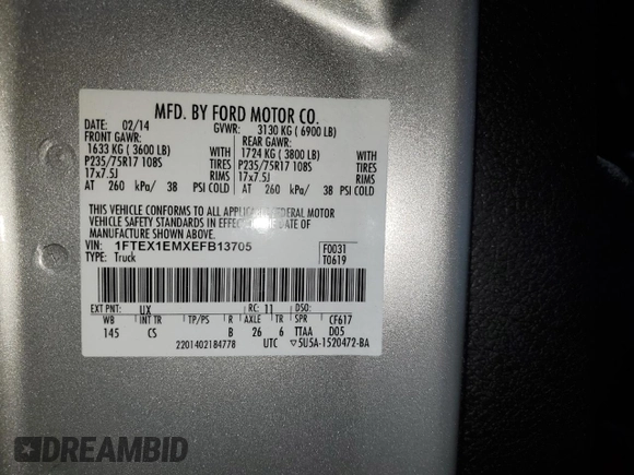2014 Ford F-150 XL with VIN 1FTEX1EMXEFB13705, listed as a Copart auction lot 86316994 with 38,455 mi miles and Salvage Title. Bid and sale history available at DreamBid. Image 12.