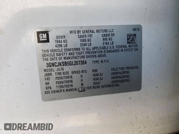 2016 Chevrolet Trax LS z VIN 3GNCJKSB5GL267384, wystawiony jako Copart lot #52670285 z przebiegiem 206 071 mil mil oraz Szkoda całkowita • Salvage title. Historia ofert i sprzedaży dostępna na DreamBid. Obrazek 14.