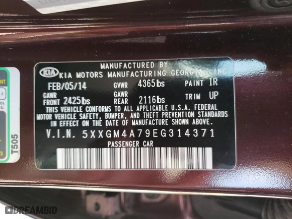 2014 Kia Optima LX with VIN 5XXGM4A79EG314371, listed as a Copart auction lot 50327902 with 0 mi miles and Salvage Title. Bid and sale history available at carsss.com. Image 10.