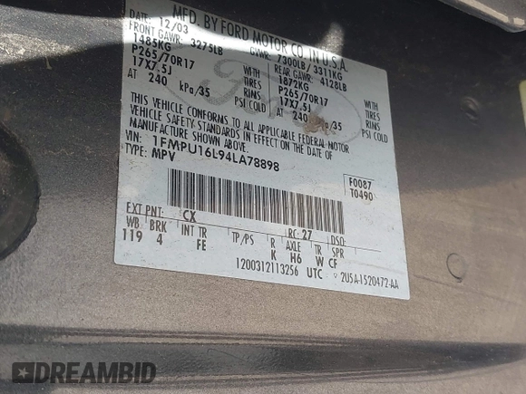 2004 Ford Expedition Special Service с VIN 1FMPU16L94LA78898, выставлен на аукционе IAAI как лот 42326419 с пробегом 151 311 миль миль и . История ставок и продаж доступна на DreamBid. Изображение 9.