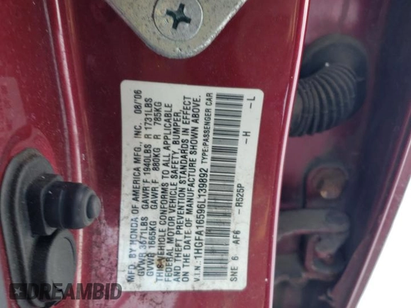 2006 Honda Civic LX z VIN 1HGFA16596L139892, wystawiony jako Copart lot #63172974 z przebiegiem 187 228 mil mil oraz Nie do naprawy • Non repairable. Historia ofert i sprzedaży dostępna na DreamBid. Obrazek 12.