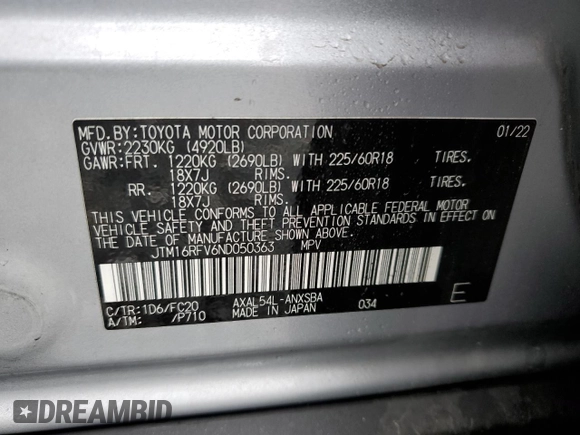 2022 Toyota RAV4 Hybrid SE with VIN JTM16RFV6ND050363, listed as a Copart auction lot 55931115 with 39,372 mi miles and Salvage title. Bid and sale history available at DreamBid. Image 13.