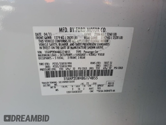 2011 Ford Taurus SEL with VIN 1FAHP2EW4BG174855, listed as a Copart auction lot 48811725 with 305,356 mi miles and Salvage Title. Bid and sale history available at DreamBid. Image 14.