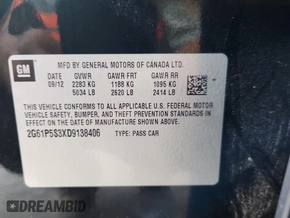 2013 Cadillac XTS Luxury with VIN 2G61P5S3XD9138406, listed as a Copart auction lot 63443805 with 191,215 mi miles and Clean title. Bid and sale history available at DreamBid. Image 12.