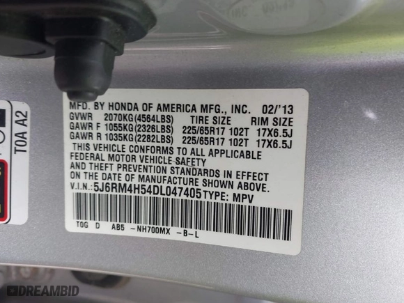 2013 Honda CR-V EX with VIN 5J6RM4H54DL047405, listed as a IAAI auction lot 41995008 with 141,965 mi miles. Bid and sale history available at carsss.com. Image 9.