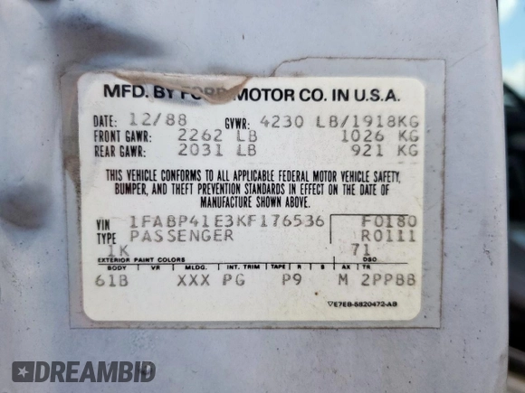 1989 Ford Mustang with VIN 1FABP41E3KF176536, listed as a Copart auction lot 58233075 with 17,202 mi miles and Salvage title. Bid and sale history available at DreamBid. Image 12.