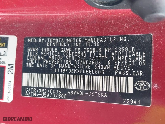 2011 Toyota Camry LE with VIN 4T1BF3EKXBU660606, listed as a IAAI auction lot 41880040 with 133,732 mi miles. Bid and sale history available at carsss.com. Image 9.