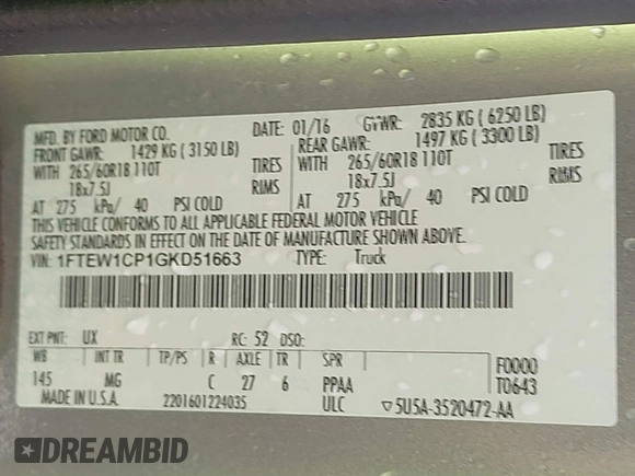 2016 Ford F-150 XL с VIN 1FTEW1CP1GKD51663, выставлен на аукционе IAAI как лот 42196756 с пробегом 135 912 миль миль и . История ставок и продаж доступна на DreamBid. Изображение 9.