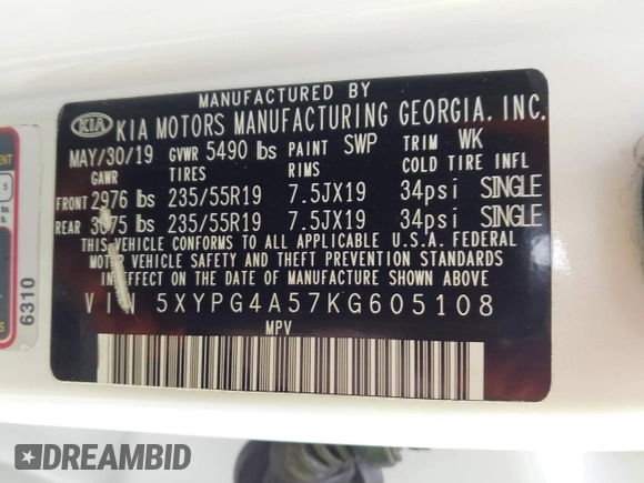 2019 Kia Sorento S V6 with VIN 5XYPG4A57KG605108, listed as a IAAI auction lot 41899611 with 121,198 mi miles. Bid and sale history available at carsss.com. Image 9.