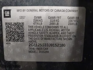 2018 Chevrolet Impala Premier with VIN 2G1125S33J9152180, listed as a IAAI auction lot 41752201 with 143,152 mi miles. Bid and sale history available at carsss.com. Image 9.