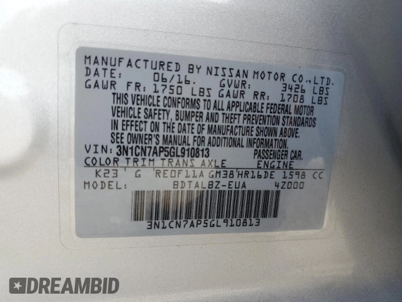 2016 Nissan Versa SV with VIN 3N1CN7AP5GL910813, listed as a Copart auction lot 61952495 with 58,542 mi miles and Salvage title. Bid and sale history available at DreamBid. Image 12.