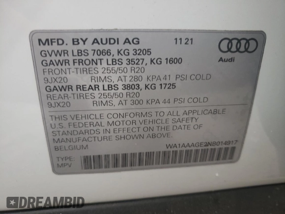 2022 Audi e-tron Premium with VIN WA1AAAGE2NB014917, listed as a Copart auction lot 50104223 with 25,123 mi miles. Bid and sale history available at carsss.com. Image 13.
