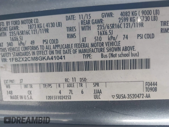 2016 Ford Transit Passenger XL with VIN 1FBZX2CM8GKA41041, listed as a IAAI auction lot 41655133 with 109,546 mi miles and . Bid and sale history available at DreamBid. Image 9.
