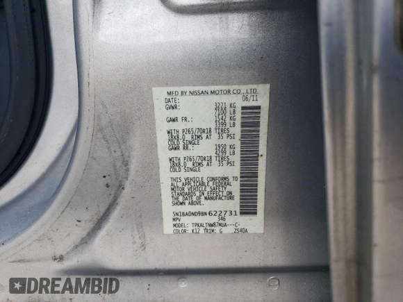 2011 Nissan Armada SV with VIN 5N1BA0ND9BN622731, listed as a Copart auction lot 52295715 with 283,550 mi miles and Non Repairable. Bid and sale history available at DreamBid. Image 14.