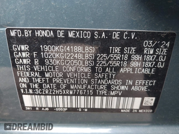 2024 Honda HR-V Sport z VIN 3CZRZ2H5XRM776715, wystawiony jako IAAI lot #42377596 z przebiegiem 19 146 mil mil oraz . Historia ofert i sprzedaży dostępna na DreamBid. Obrazek 9.