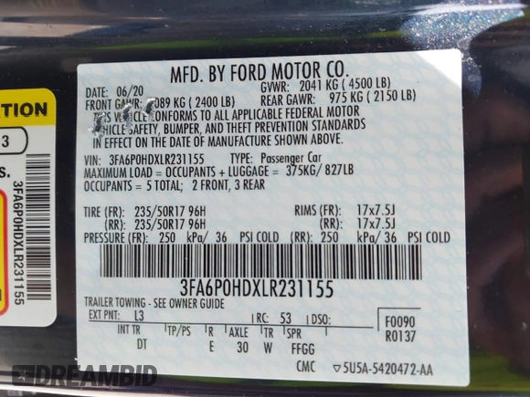 2020 Ford Fusion SE with VIN 3FA6P0HDXLR231155, listed as a IAAI auction lot 41925162 with 51,588 mi miles. Bid and sale history available at carsss.com. Image 9.