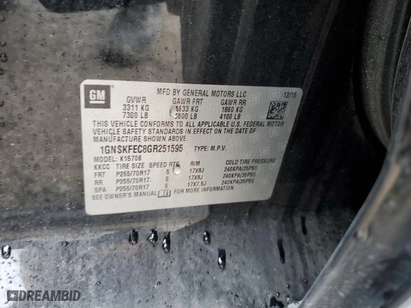 2016 Chevrolet Tahoe Commercial with VIN 1GNSKFEC8GR251595, listed as a Copart auction lot 70221954 with 169,234 mi miles and Salvage Title. Bid and sale history available at carsss.com. Image 13.