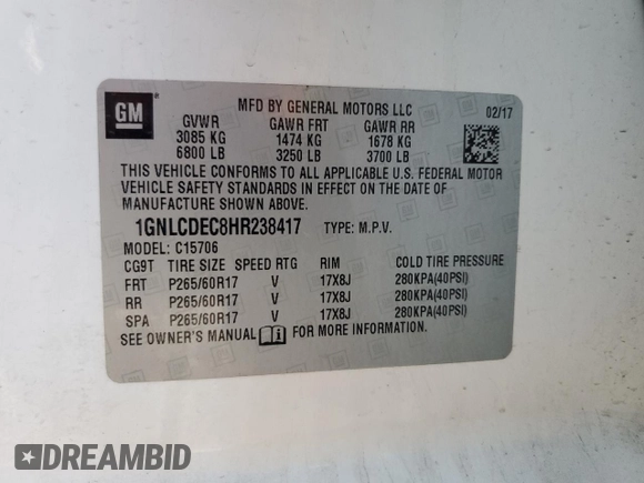 2017 Chevrolet Tahoe Commercial with VIN 1GNLCDEC8HR238417, listed as a Copart auction lot 50503545 with Not provided miles and Clean title. Bid and sale history available at DreamBid. Image 14.