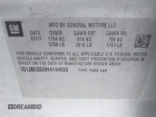 2017 Chevrolet Sonic LS with VIN 1G1JB5SG8H4144690, listed as a IAAI auction lot 42534639 with 51,971 mi miles and . Bid and sale history available at DreamBid. Image 9.