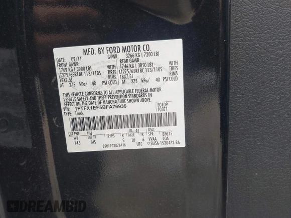 2011 Ford F-150 XL with VIN 1FTFX1EF5BFA76936, listed as a IAAI auction lot 42174240 with 132,419 mi miles and . Bid and sale history available at DreamBid. Image 9.