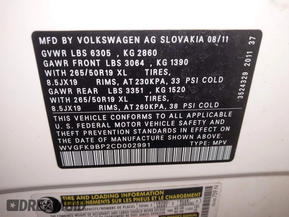 2012 Volkswagen Touareg Sport with VIN WVGFK9BP2CD002991, listed as a IAAI auction lot 42077523 with 94,515 mi miles and . Bid and sale history available at DreamBid. Image 9.