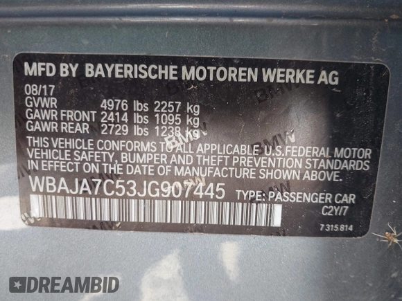 2018 BMW 5 Series 530i xDrive with VIN WBAJA7C53JG907445, listed as a IAAI auction lot 42007516 with Not Provided miles. Bid and sale history available at carsss.com. Image 9.