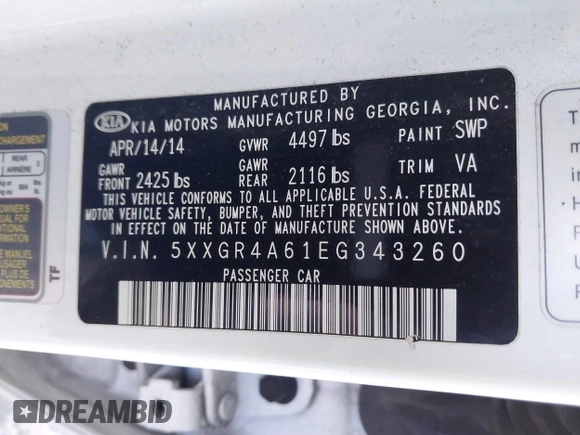 2014 Kia Optima SXL Turbo with VIN 5XXGR4A61EG343260, listed as a IAAI auction lot 41418449 with 133,555 mi miles and . Bid and sale history available at DreamBid. Image 9.