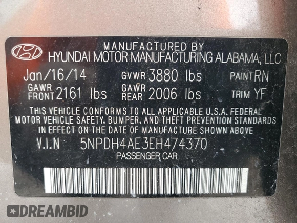 2014 Hyundai Elantra SE with VIN 5NPDH4AE3EH474370, listed as a Copart auction lot 62988025 with 87,653 mi miles and Salvage title. Bid and sale history available at DreamBid. Image 12.
