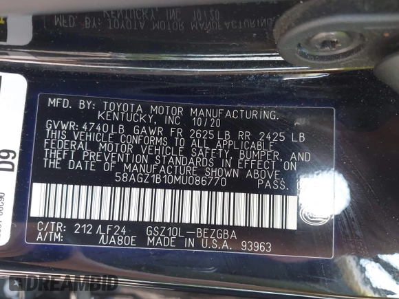 2021 Lexus ES with VIN 58AGZ1B10MU086770, listed as a IAAI auction lot 42022988 with 57,958 mi miles. Bid and sale history available at carsss.com. Image 9.