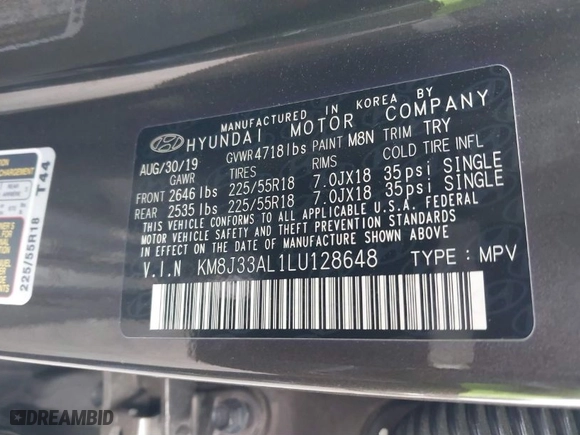 2020 Hyundai Tucson Sport with VIN KM8J33AL1LU128648, listed as a IAAI auction lot 41476040 with 66,526 mi miles. Bid and sale history available at carsss.com. Image 9.