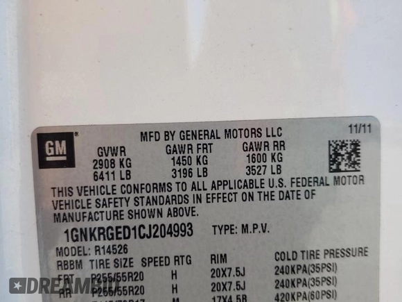 2012 Chevrolet Traverse 1LT with VIN 1GNKRGED1CJ204993, listed as a Copart auction lot 48971835 with 211,041 mi miles and Salvage Title. Bid and sale history available at DreamBid. Image 13.