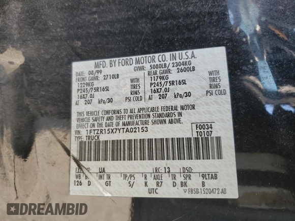 2000 Ford Ranger XLT z VIN 1FTZR15X7YTA02153, wystawiony jako Copart lot #45807525 z przebiegiem 146 536 mil mil oraz Nie do naprawy • Non repairable. Historia ofert i sprzedaży dostępna na DreamBid. Obrazek 12.