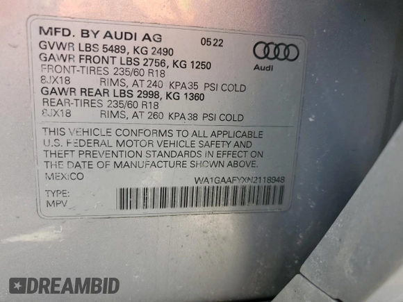 2022 Audi Q5 S line Premium z VIN WA1GAAFYXN2118948, wystawiony jako Copart lot #50617565 z przebiegiem Nie podano mil oraz Szkoda całkowita • Salvage title. Historia ofert i sprzedaży dostępna na DreamBid. Obrazek 15.